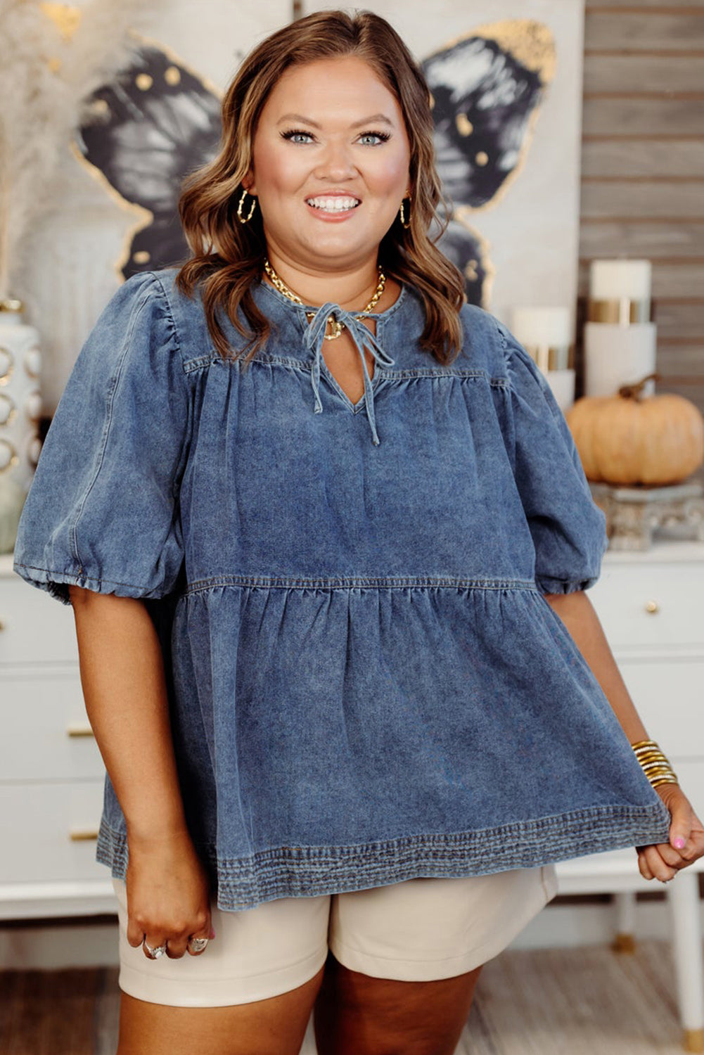 Sail Blue Plus Size Tie V Neck Puff Sleeve Denim Blouse