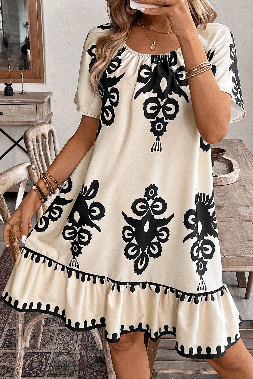 Apricot Ethnic Print Ruffle Hem Loose Mini Dress