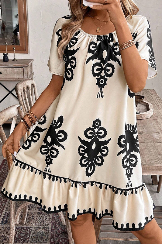 Apricot Ethnic Print Ruffle Hem Loose Mini Dress