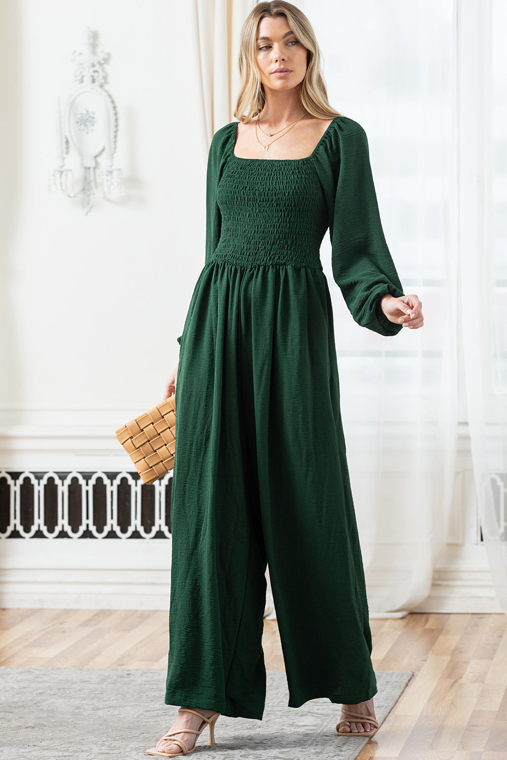 Green Smocked Square Neck Long Sleeve Wide Leg Jumpsuit