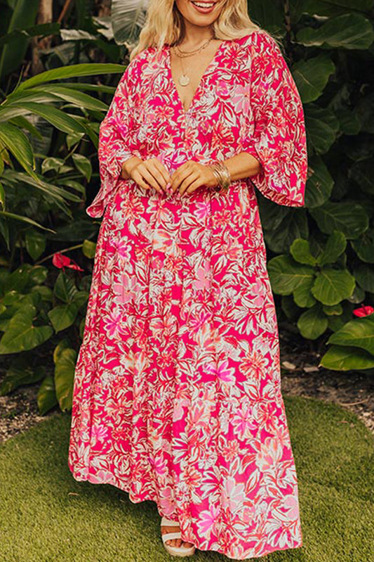 Rose Plus Size Floral V Neck Flounce Sleeve Boho Maxi Dress