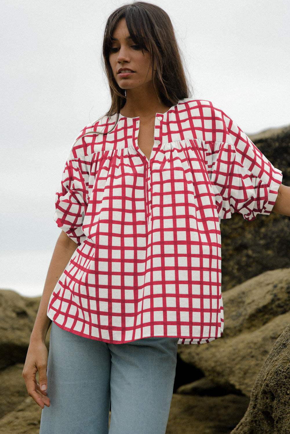 Red Plaid Button Neck Pleated Blouse