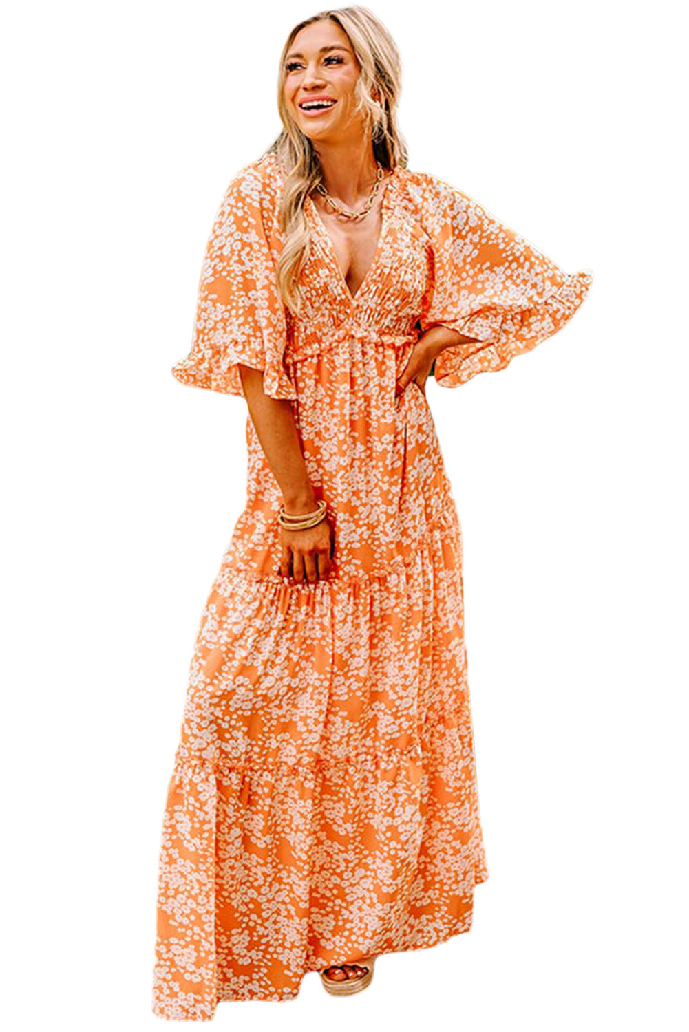 Orange Floral Print Smocked V Neck Bell Sleeve Maxi Dress