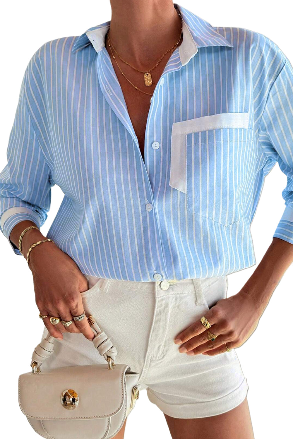 Sky Blue Stripe Contrast Patch Pocket Casual Shirt