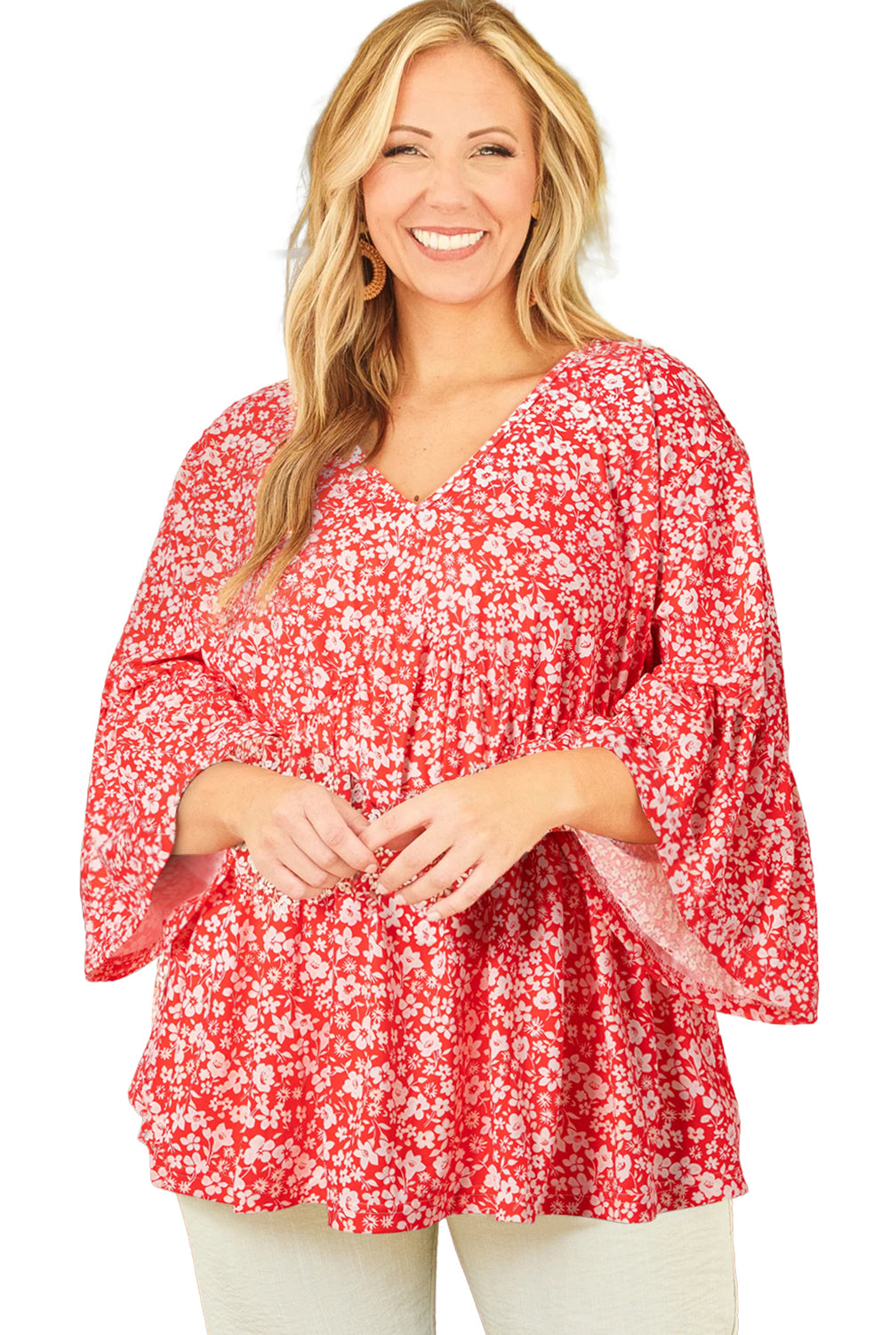 Red Plus Size Floral V Neck Flared Sleeve Blouse