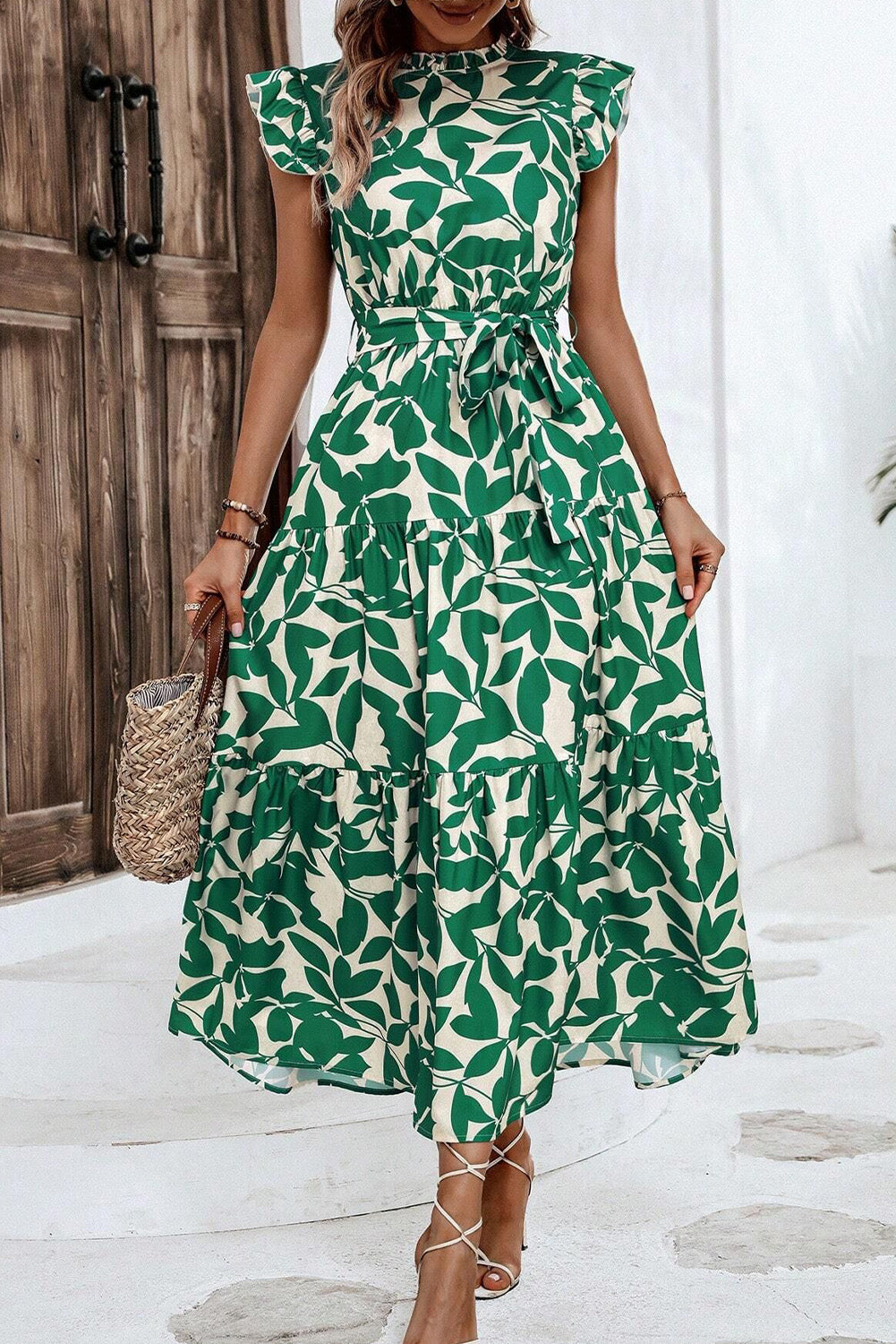 Green Leaf Print Ruffle Mock Neck High Waist Sleeveless Dress