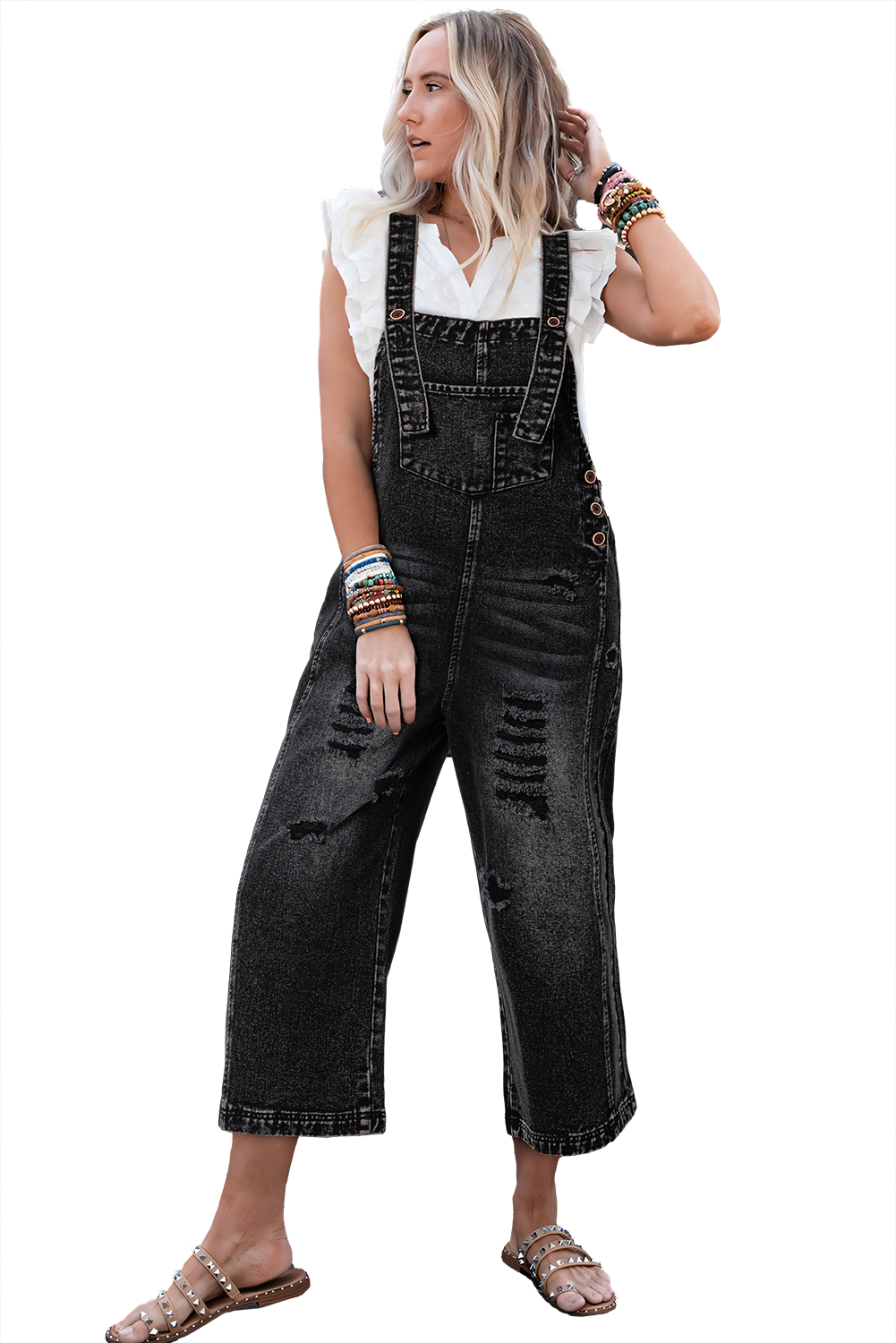 Stone Blue Distressed Bib Pocket Wide Leg Denim Overall