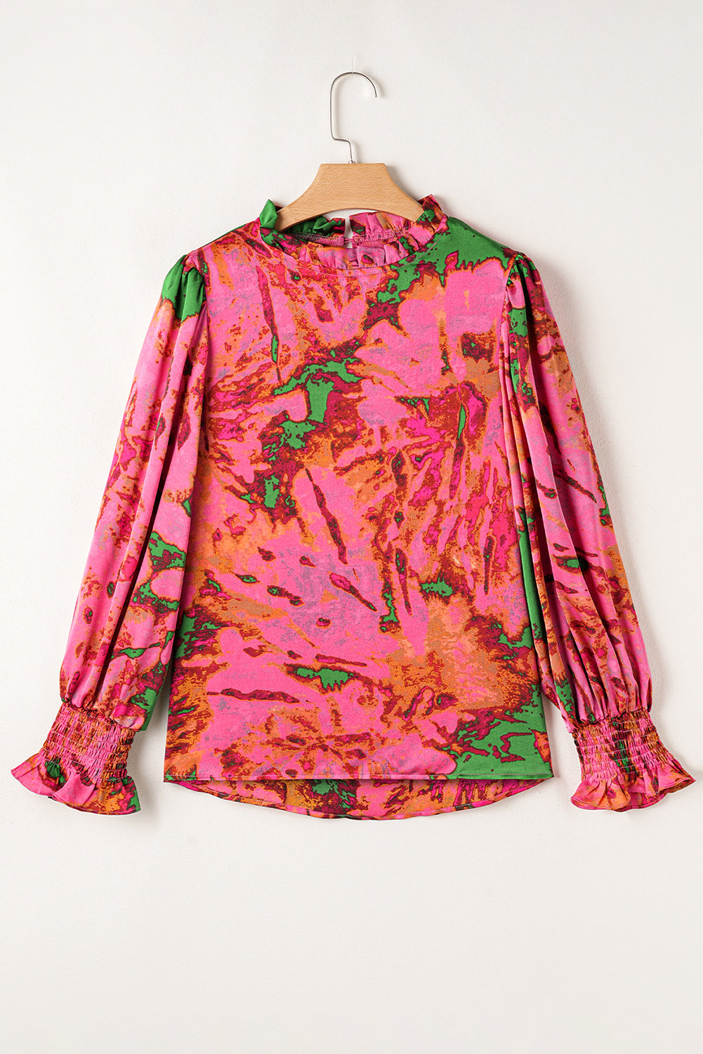 Rose Abstract Print Frill Neckline Smocked Puff Sleeve Blouse