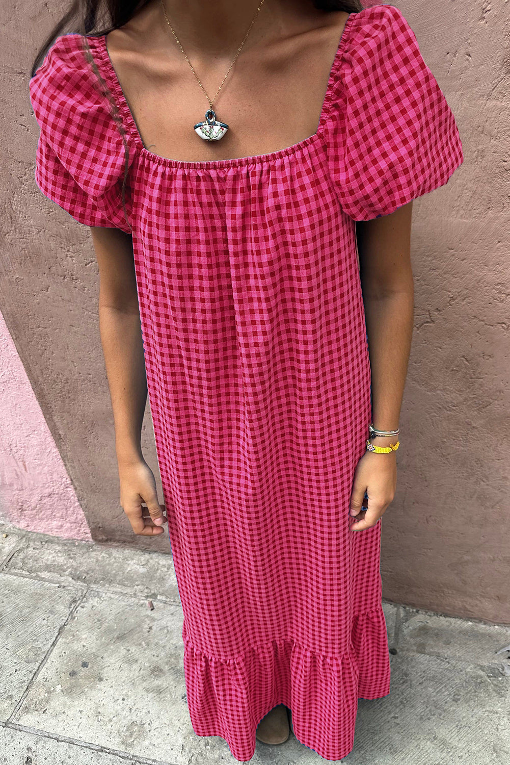 Rose Plaid Square Neck Puff Sleeve Maxi Dress