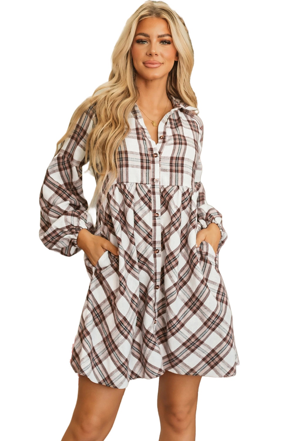 White Plaid Bubble Sleeve Flowy Shirt Dress