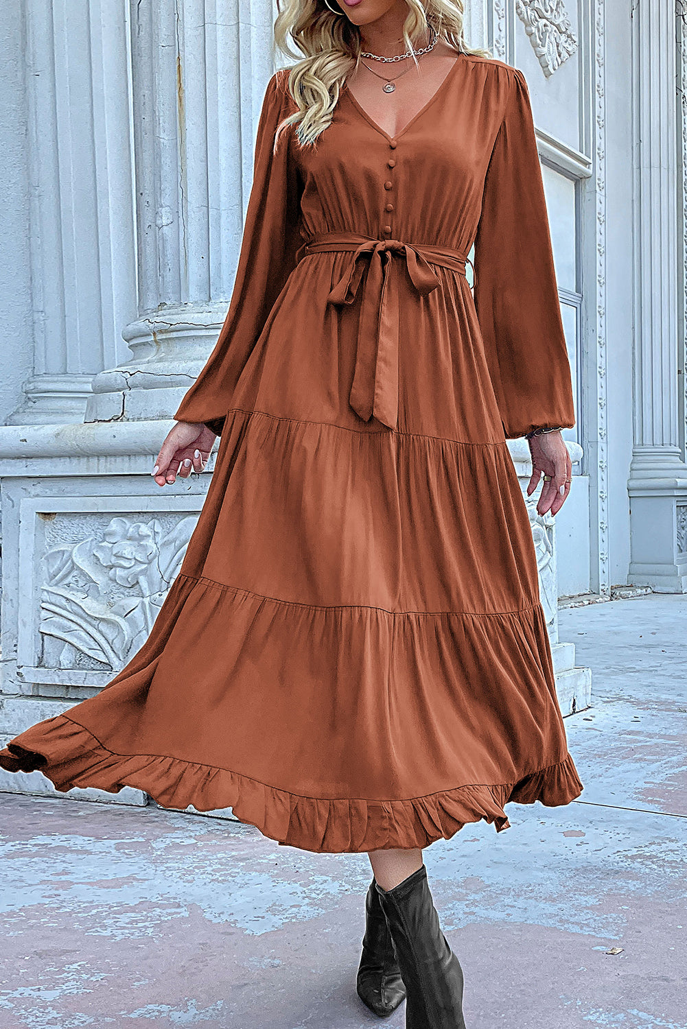 Cinnamon knot Lantern Sleeve Ruffled Hem Pleated Dress