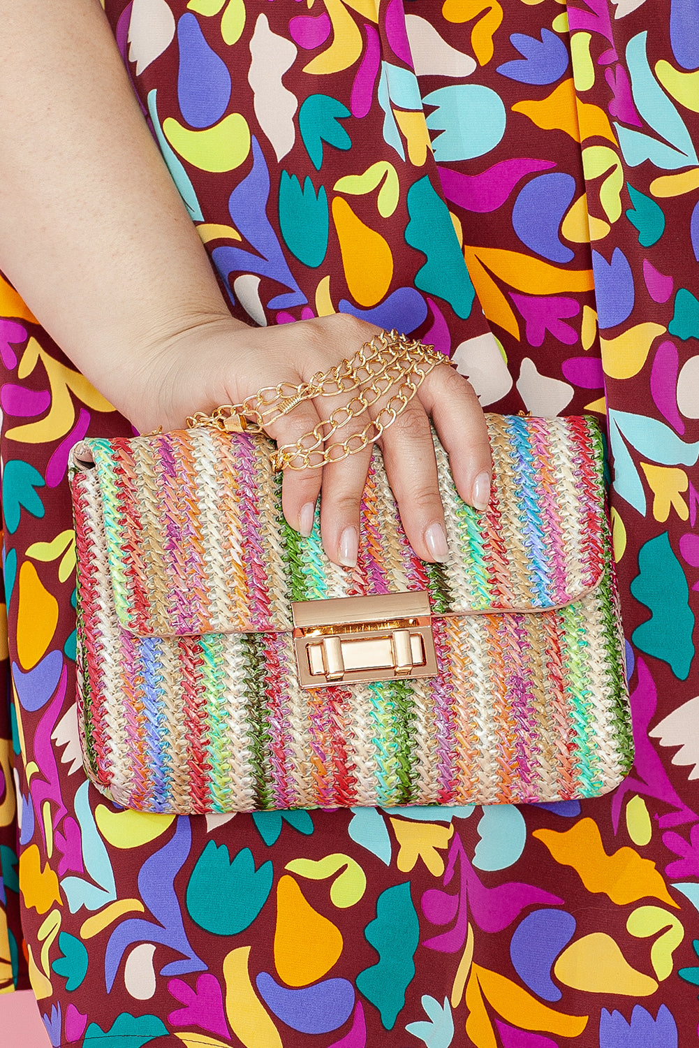 Strawberry Pink Striped Crochet Flapped Single Shoulder Bag