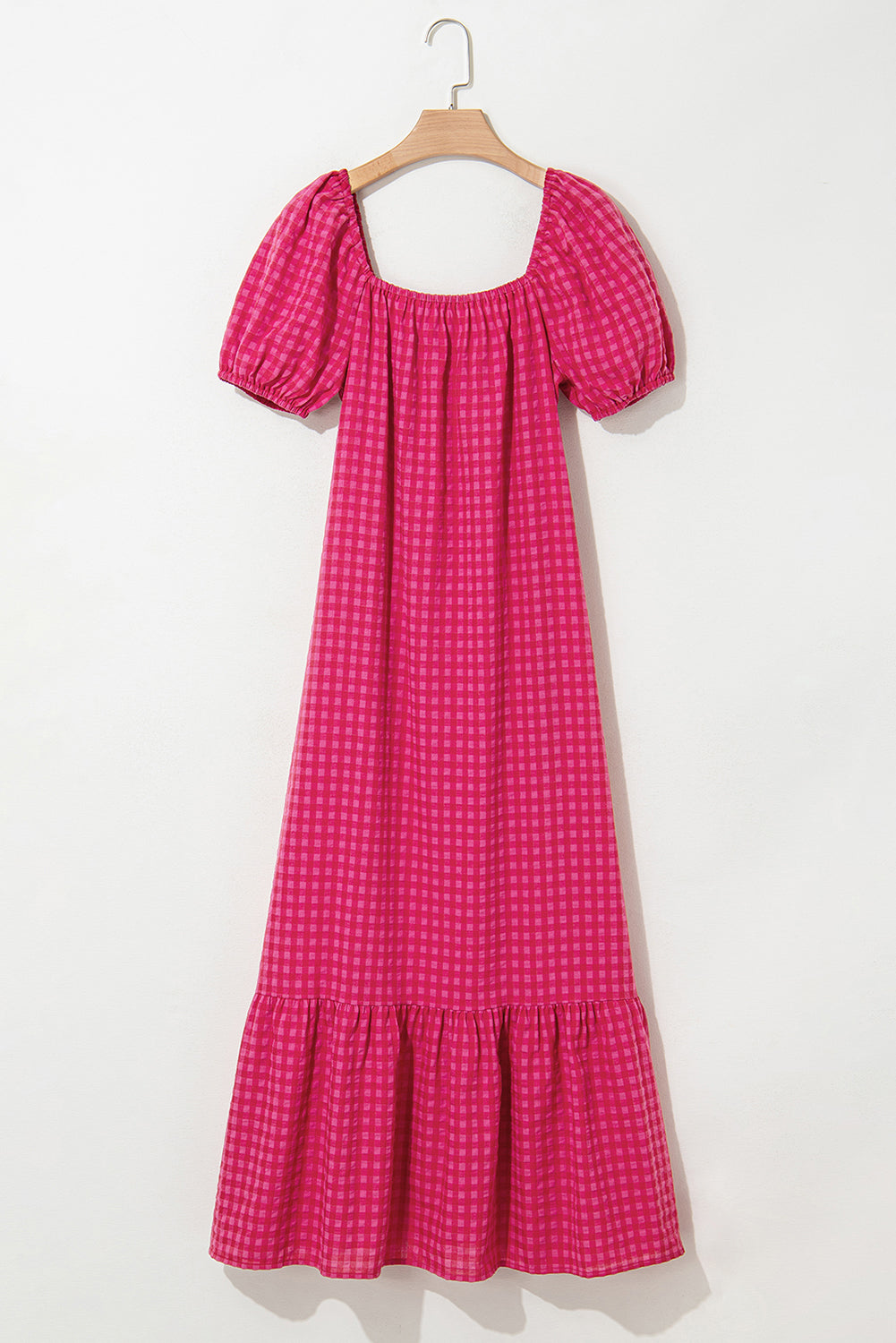 Rose Plaid Square Neck Puff Sleeve Maxi Dress