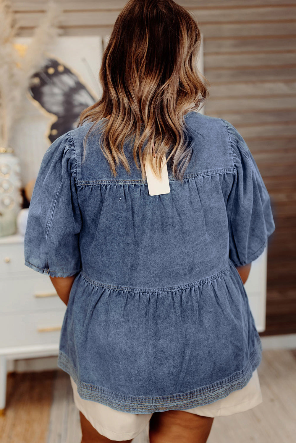 Sail Blue Plus Size Tie V Neck Puff Sleeve Denim Blouse