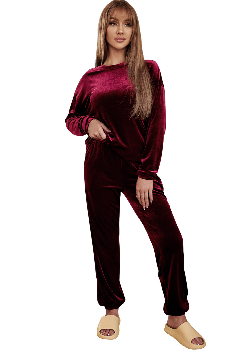 Red Solid Velvet Round Neck Top & Drawstring Pants Lounge Set