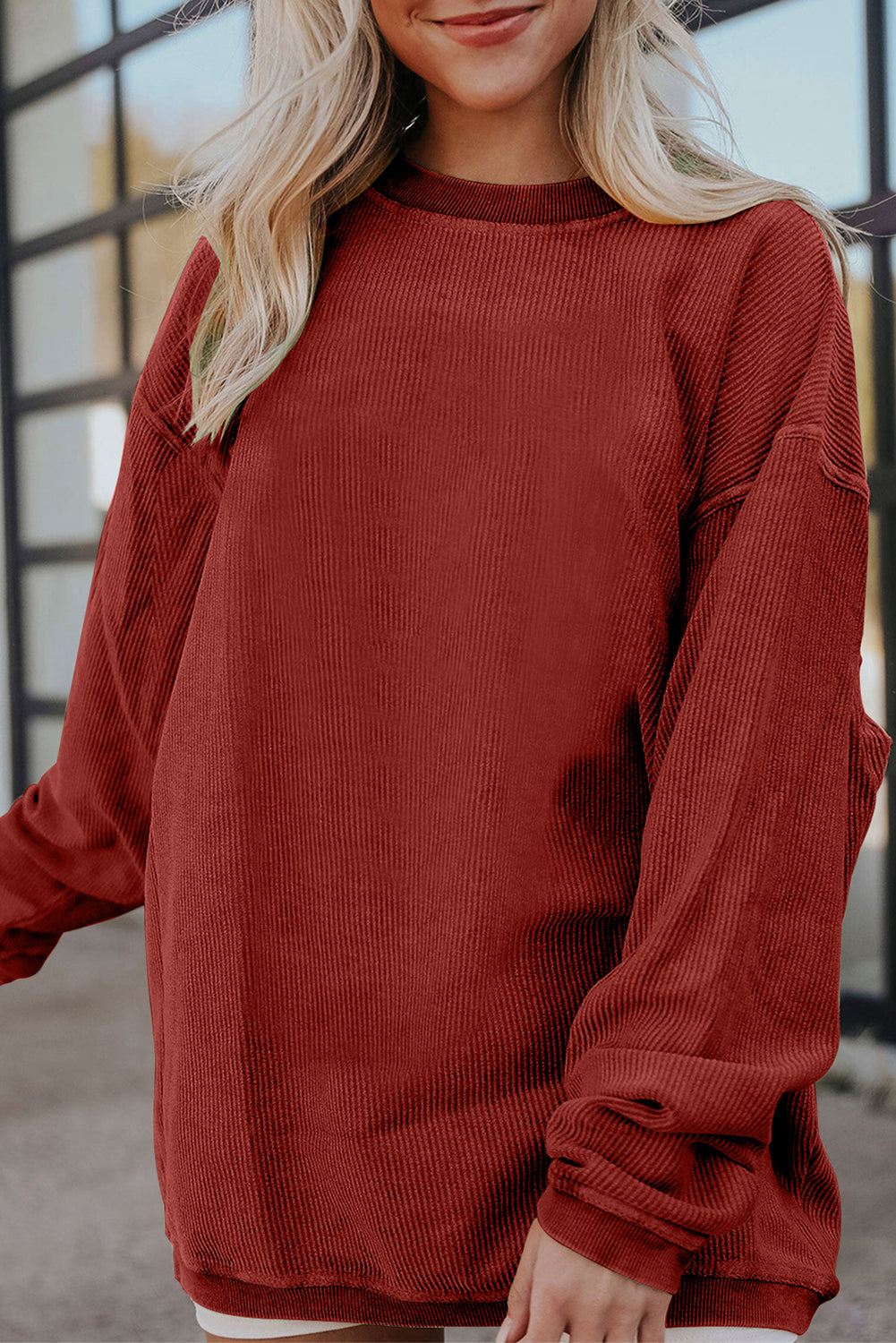 Apricot Drop Shoulder Crinkle Rib Oversized Sweatshirt