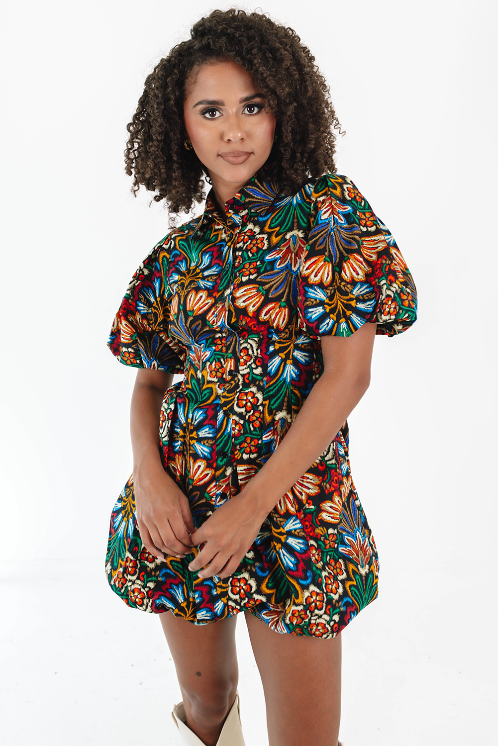 Multicolour Bohemian Floral Bubble Sleeve Dress