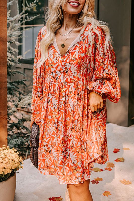 Orange Floral Print Split V Neck Bubble Sleeve Plus Size Midi Dress