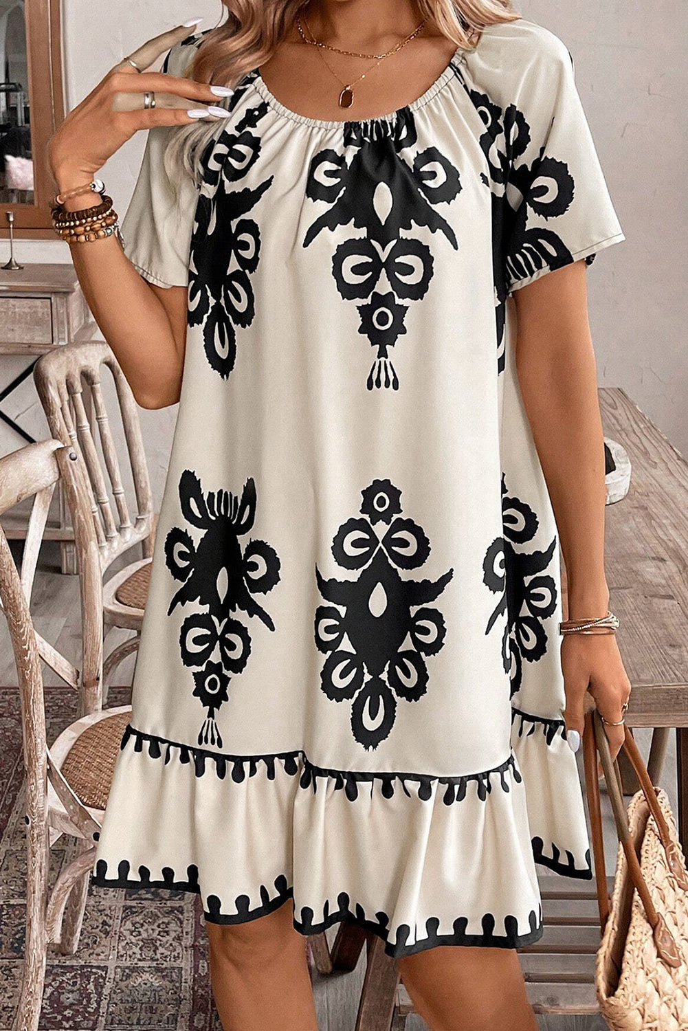 Apricot Ethnic Print Ruffle Hem Loose Mini Dress