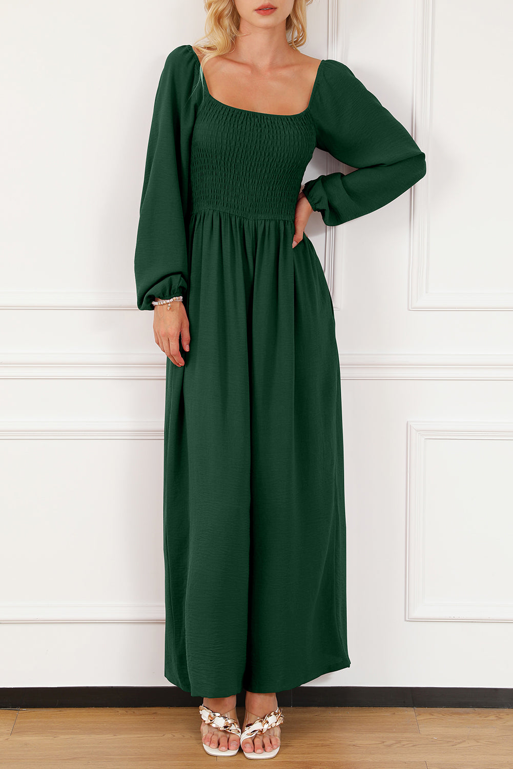 Green Smocked Square Neck Long Sleeve Wide Leg Jumpsuit