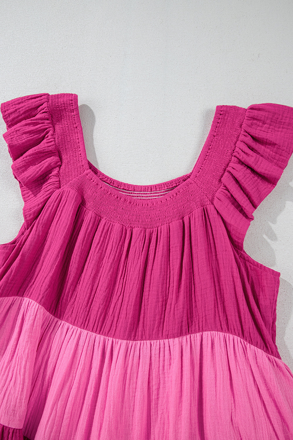 Pink Crinkled Colorblock Patchwork Tiered Mini Dress