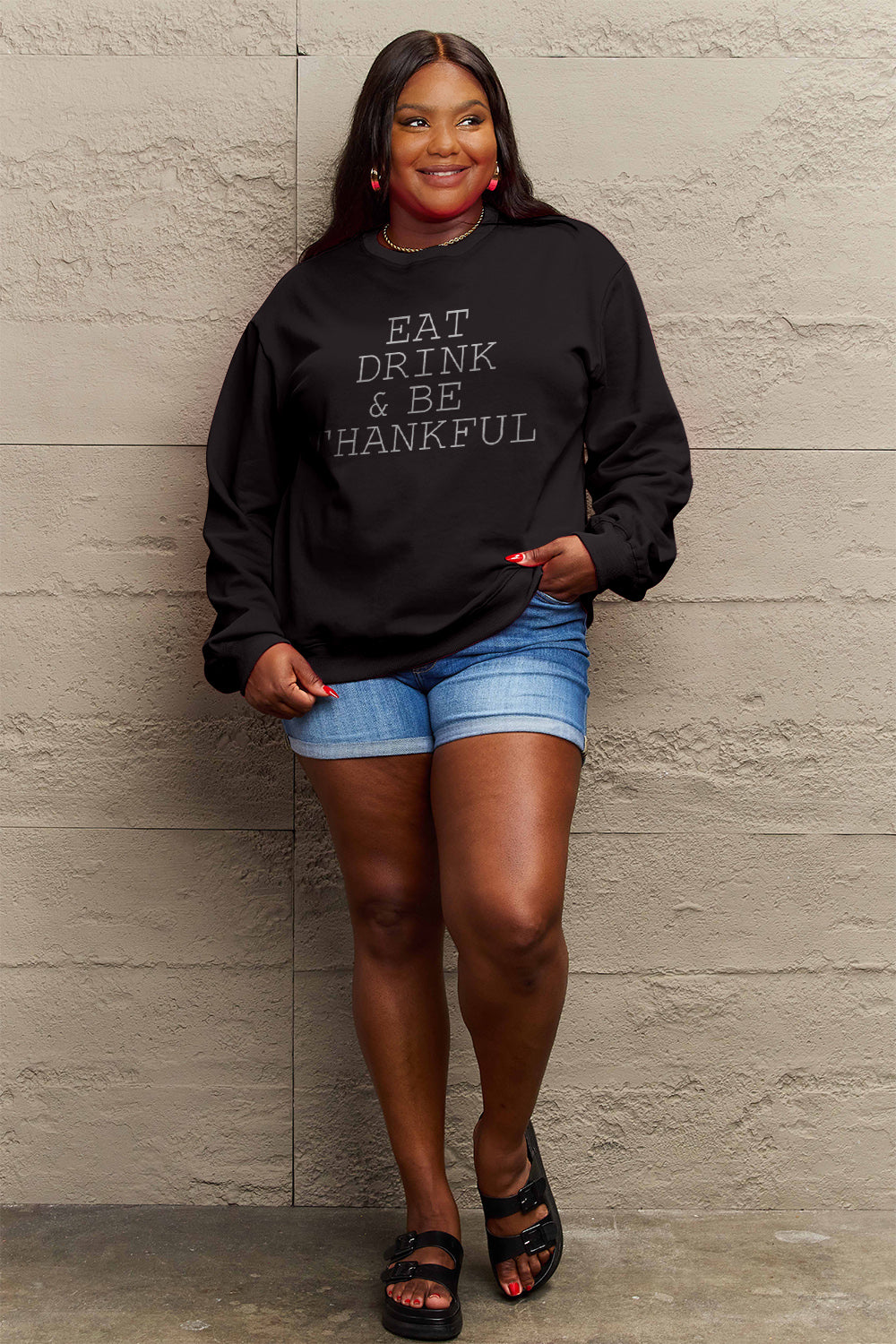 Simply Love Full Size EAT DRINK & BE THANKFUL Round Neck Sweatshirt