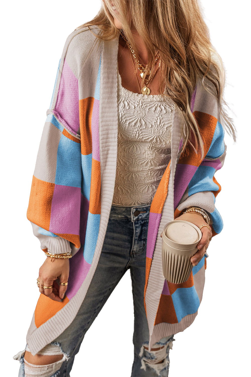 Orange Checkered Drop Shoulder Exposed Seam Open Front Cardigan