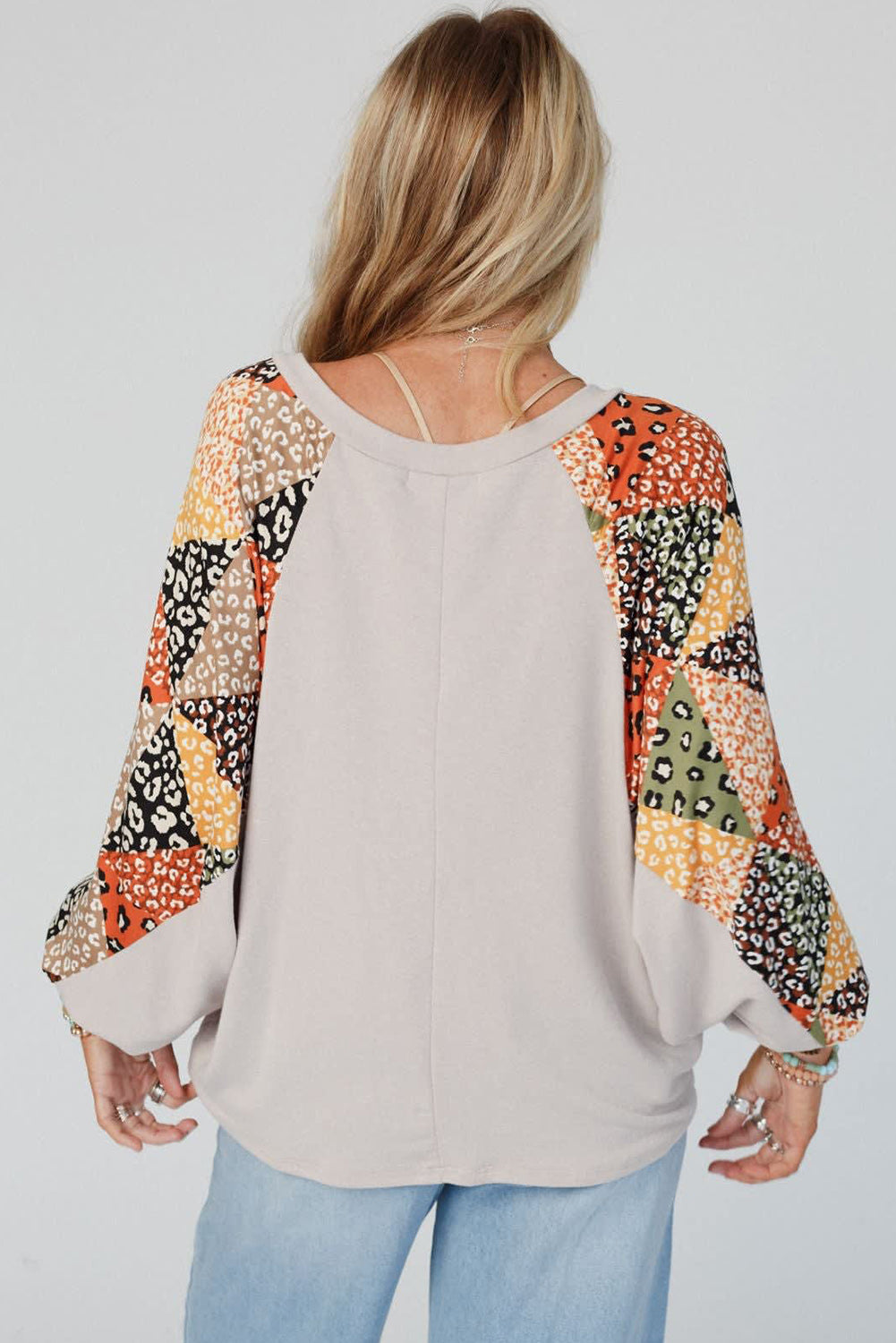 Parchment Leopard Patchwork Lantern Sleeve V Neck Loose Top