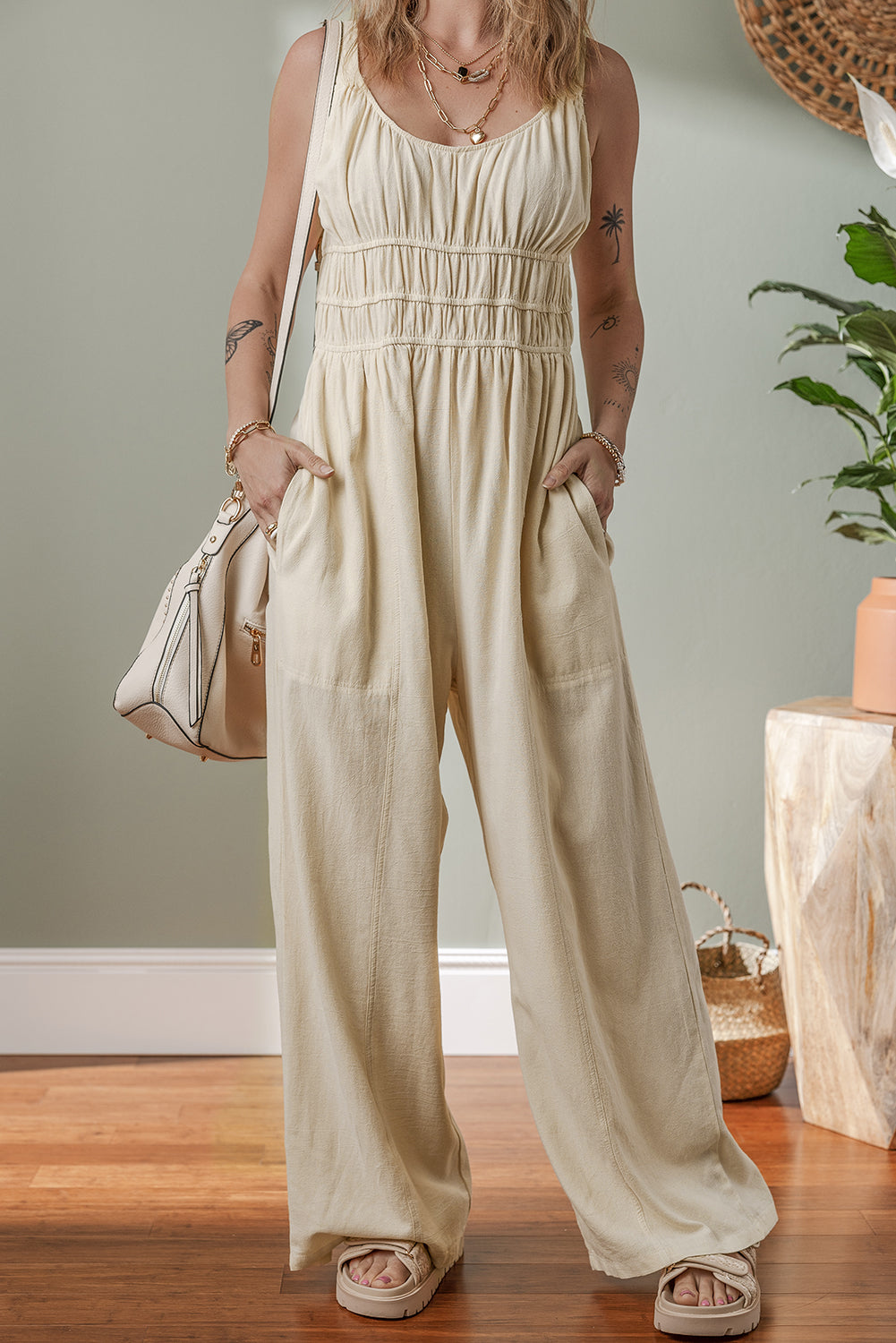 Beige Ruched High Waist Sleeveless Wide Leg Jumpsuit