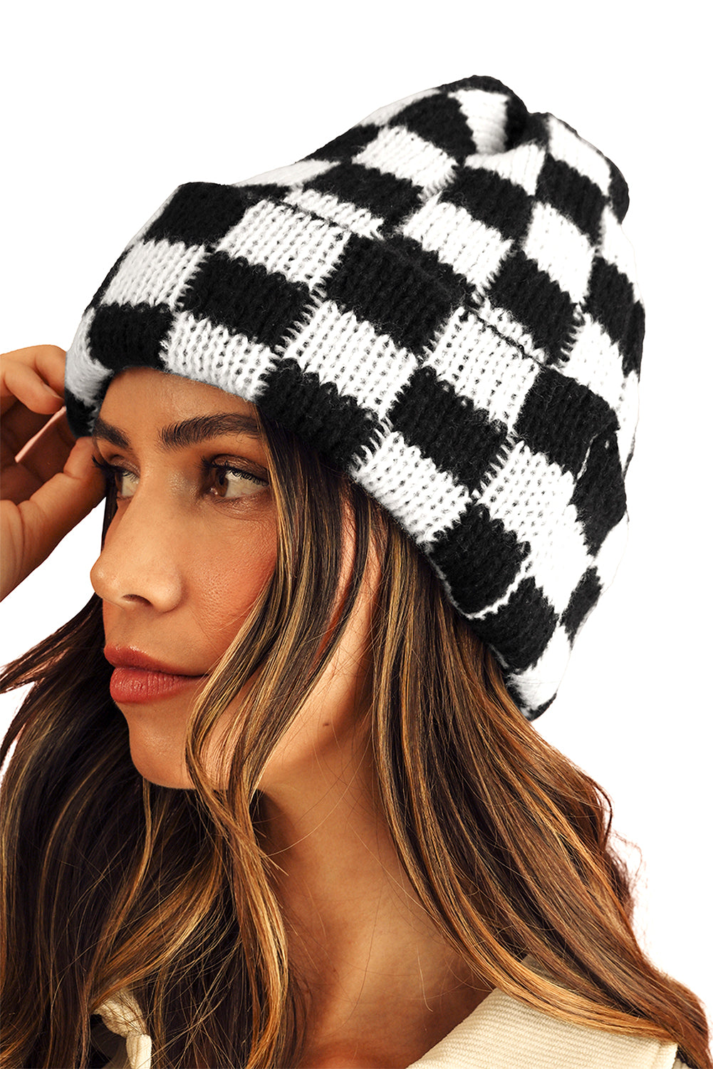 Racing Red Two Tone Checkered Folded Eaveless Beanie Cap