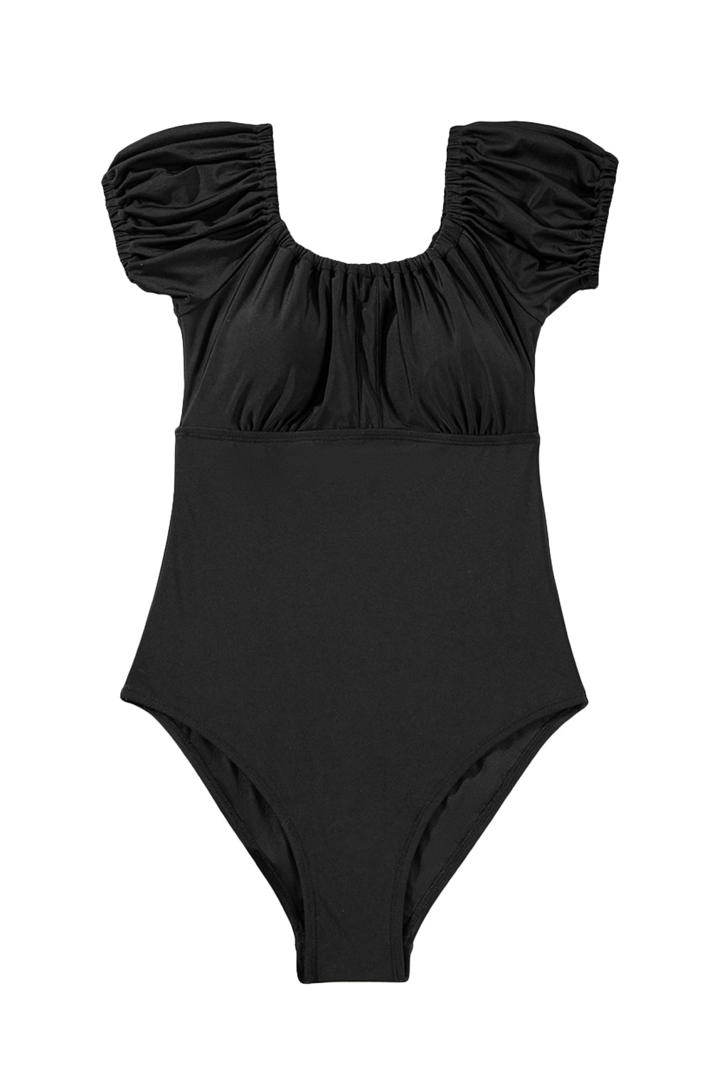 Black Elastic Neckline Short Sleeve One Piece Swimsuit