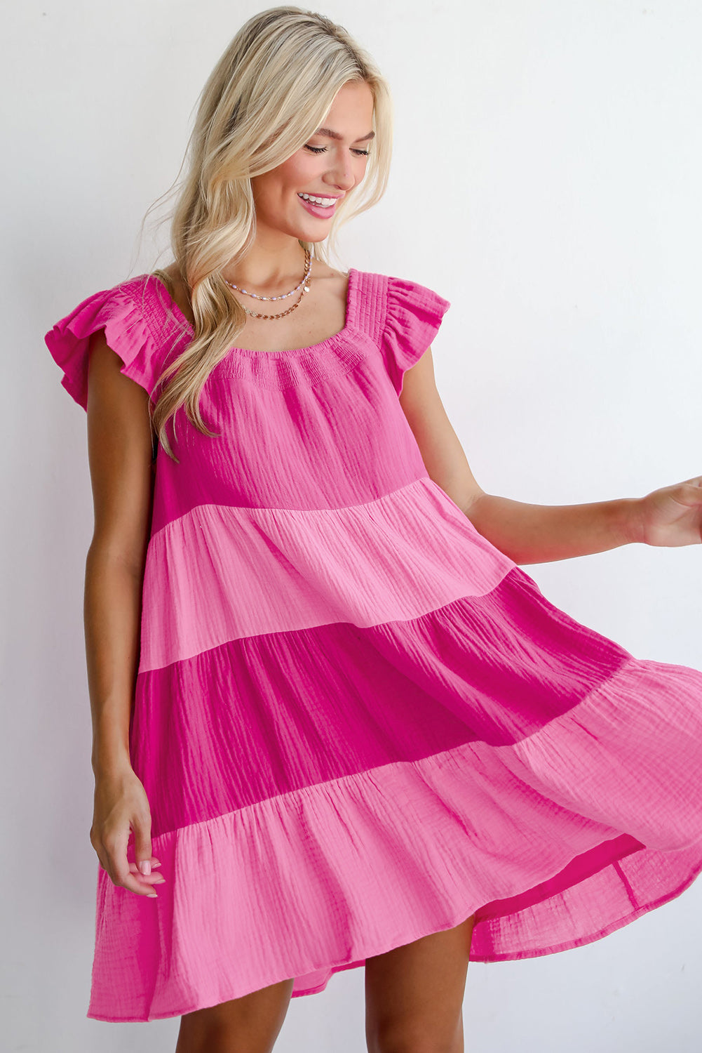 Pink Crinkled Colorblock Patchwork Tiered Mini Dress