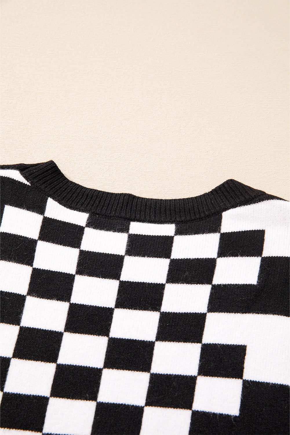 Black Checkered Drop Shoulder Round Neck Sweater