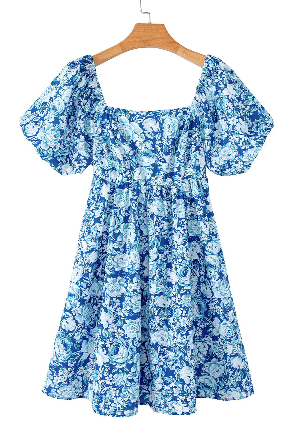 Blue Floral Puff Sleeve Babydoll Mini Dress