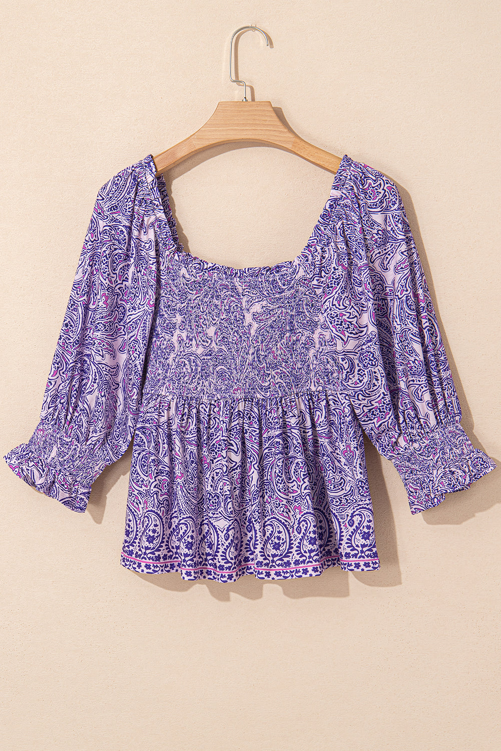 Purple Boho Paisley Print Half Sleeve Shirred Peplum Blouse