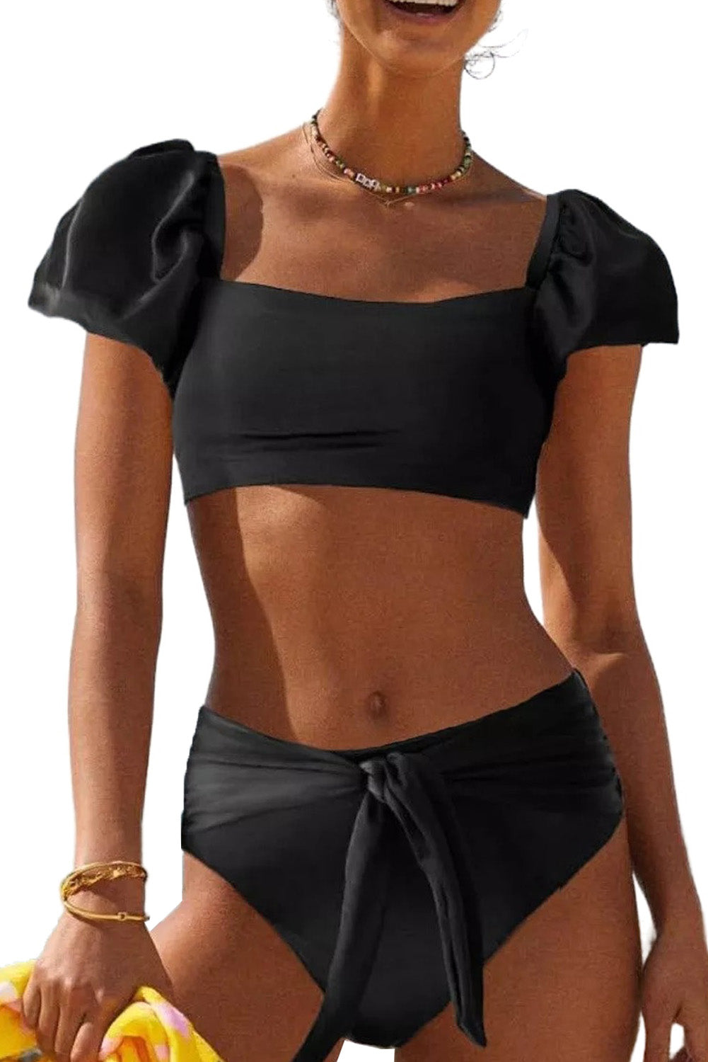 Black Sexy Puff Sleeve High Waisted Swimsuit