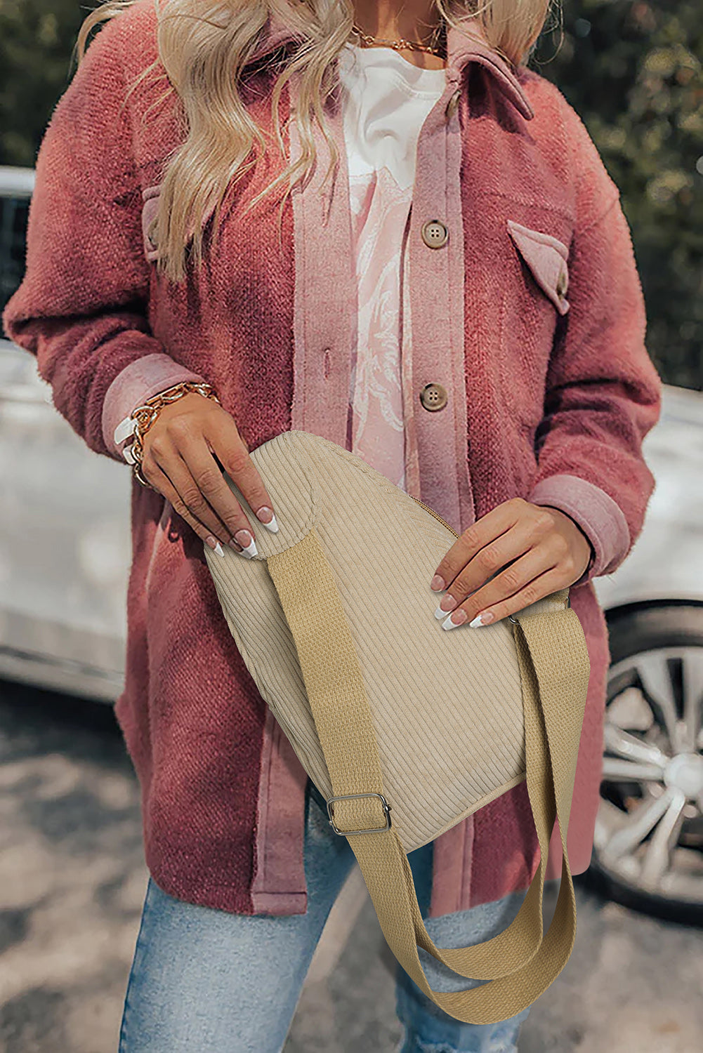 Khaki Casual Corduroy Zipper Crossbody Bag