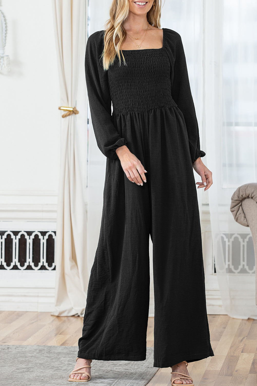 Green Smocked Square Neck Long Sleeve Wide Leg Jumpsuit