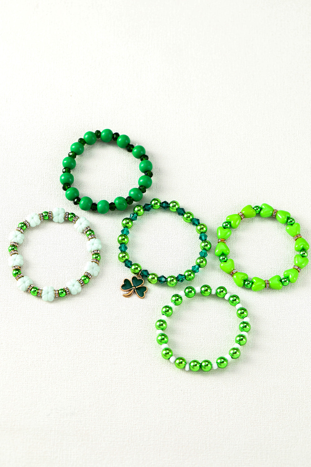 Green St Patricks Day 5pcs Clover Pendant Beaded Bracelet Set