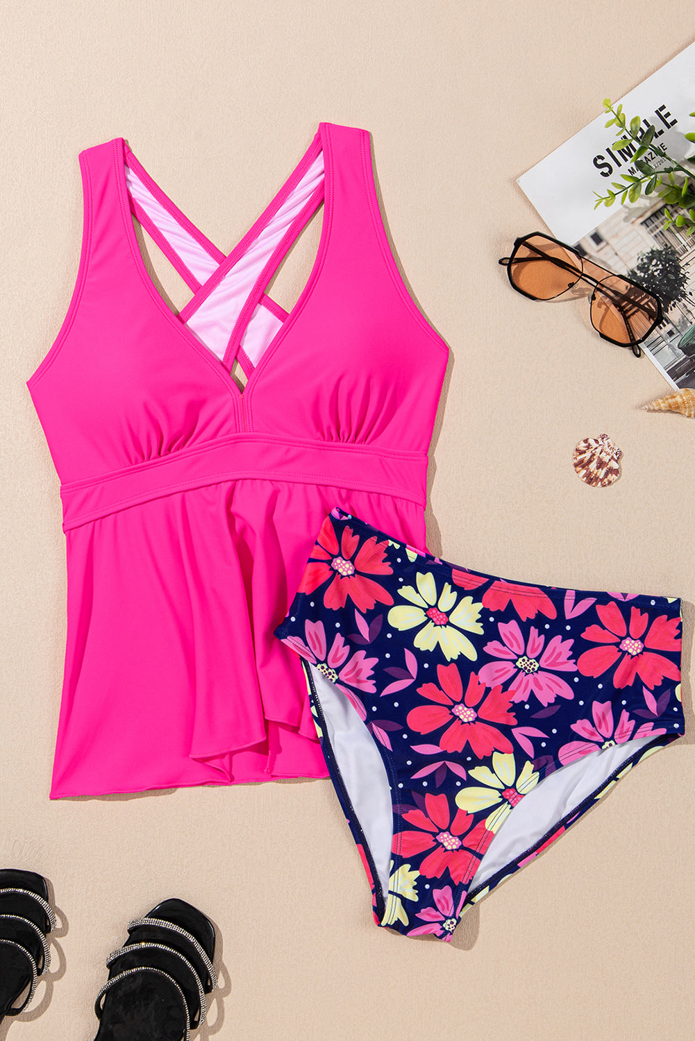 Rose V Neck Ruffle Hem Floral Bottom Tankini Set