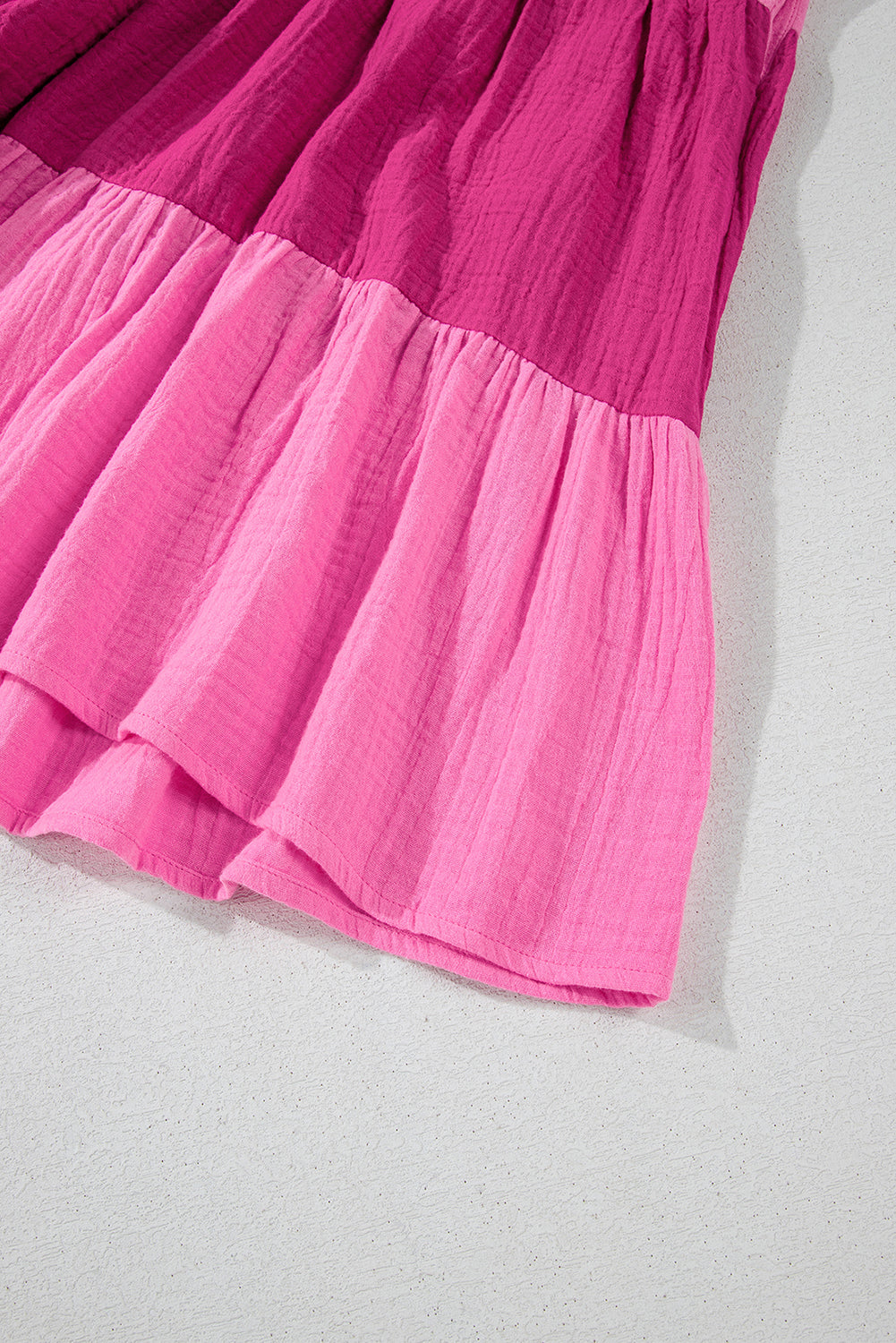 Pink Crinkled Colorblock Patchwork Tiered Mini Dress