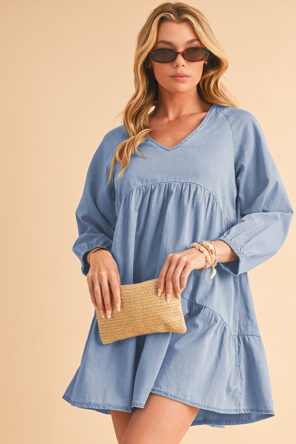 Black Puff Sleeve V Neck Tiered Ruffled Chambray Mini Dress