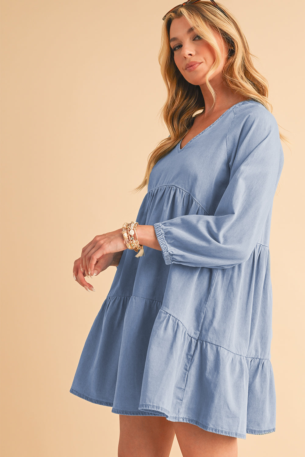 Black Puff Sleeve V Neck Tiered Ruffled Chambray Mini Dress